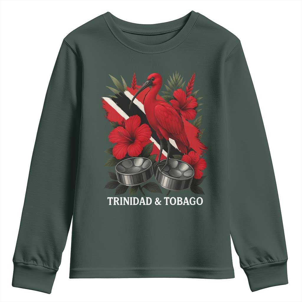 Trinidadian and Tobagonian Pride Youth Sweatshirt Trinidadian Roots Scarlet Ibis Steelpans TS11 Dark Forest Green Print Your Wear