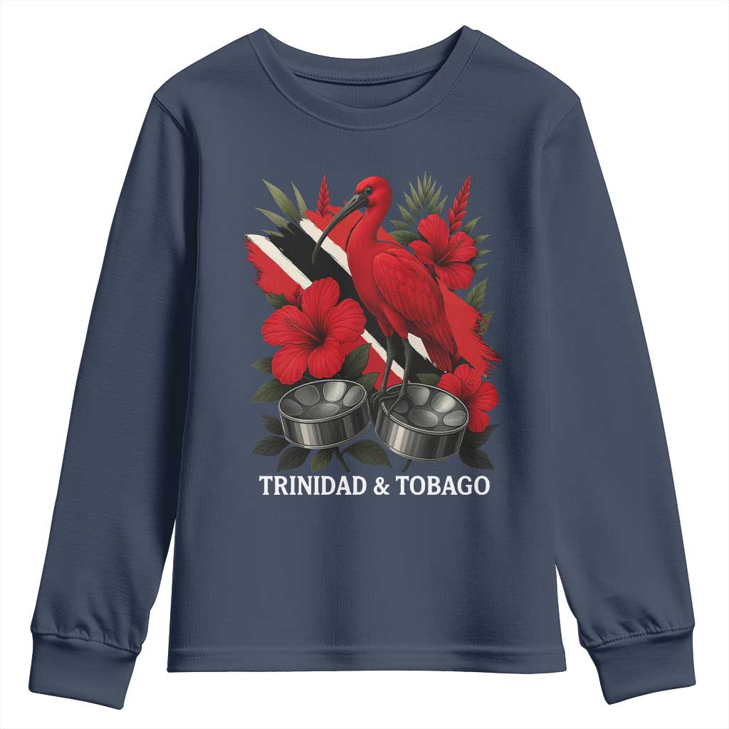 Trinidadian and Tobagonian Pride Youth Sweatshirt Trinidadian Roots Scarlet Ibis Steelpans TS11 Navy Print Your Wear