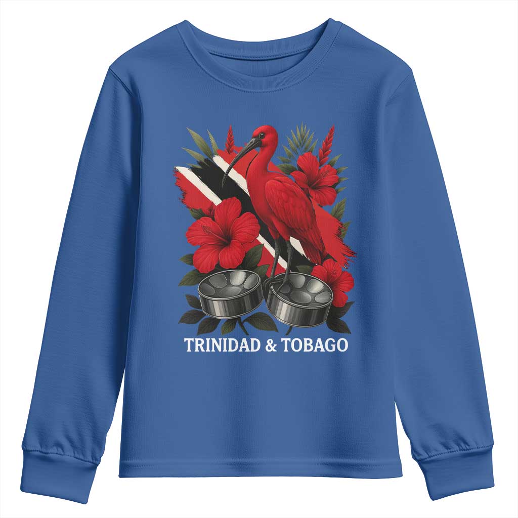Trinidadian and Tobagonian Pride Youth Sweatshirt Trinidadian Roots Scarlet Ibis Steelpans TS11 Royal Blue Print Your Wear
