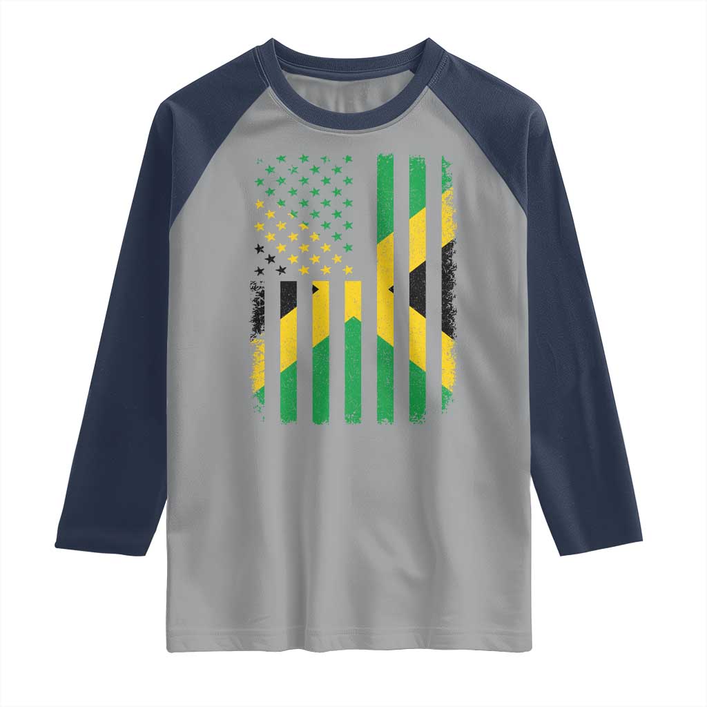 Jamaican American Distressed Patriotic Flag Raglan Shirt TS11 Sport Gray Navy Print Your Wear