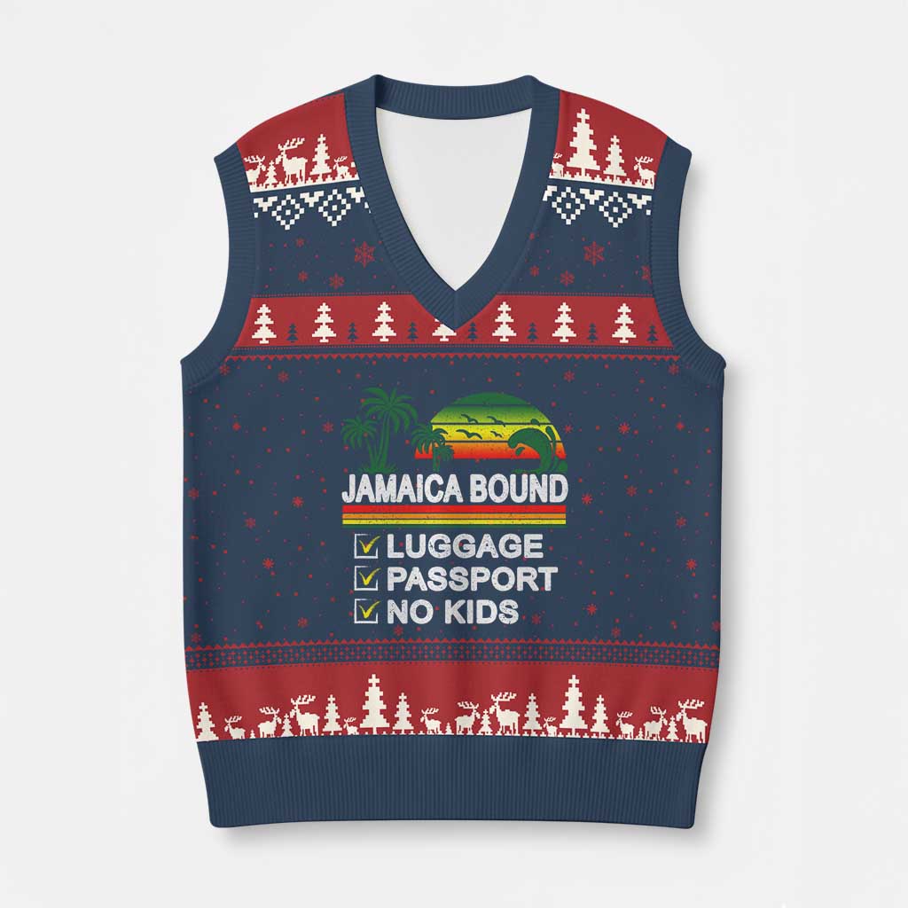 Jamaican Travel Vacation Trip V-Neck Knit Sweater Vest Jamaica Bound Luggage Passport No Kids - Print Your Wear