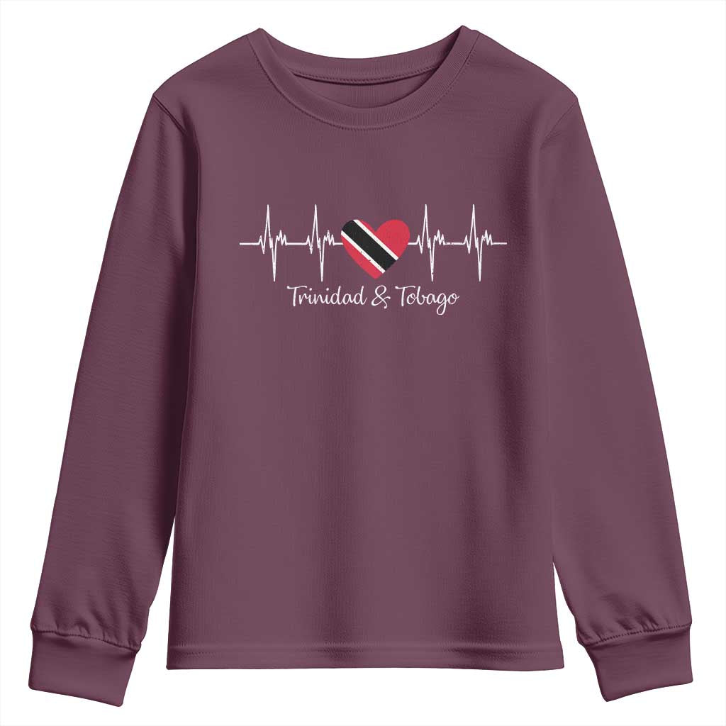Trinidad And Tobago Heartbeat ECG Pulse Trinidadian Flag Youth Sweatshirt TS11 Maroon Print Your Wear