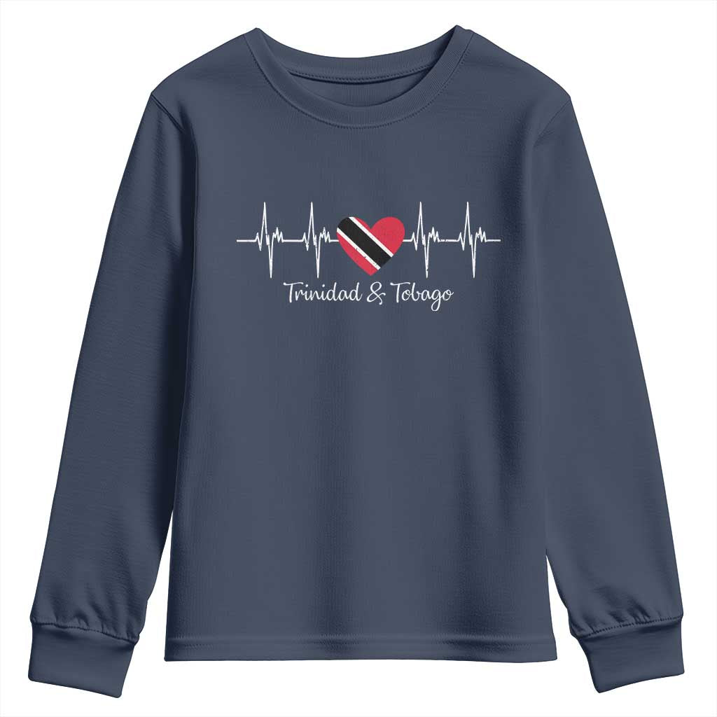 Trinidad And Tobago Heartbeat ECG Pulse Trinidadian Flag Youth Sweatshirt TS11 Navy Print Your Wear