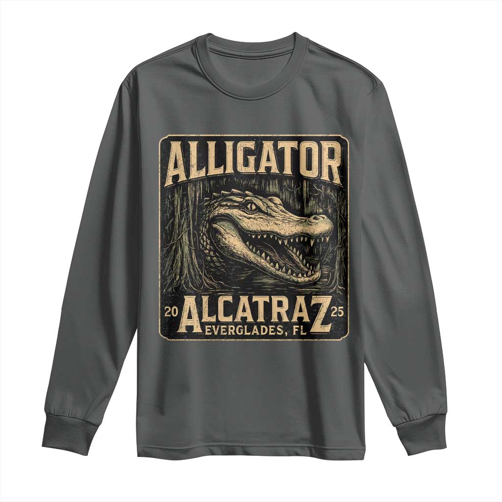 Funny Alligator Alcatraz Long Sleeve Shirt Florida Everglades Alligatraz Meme 2025 TS11 Dark Heather Print Your Wear