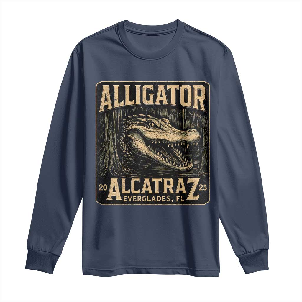 Funny Alligator Alcatraz Long Sleeve Shirt Florida Everglades Alligatraz Meme 2025 TS11 Navy Print Your Wear