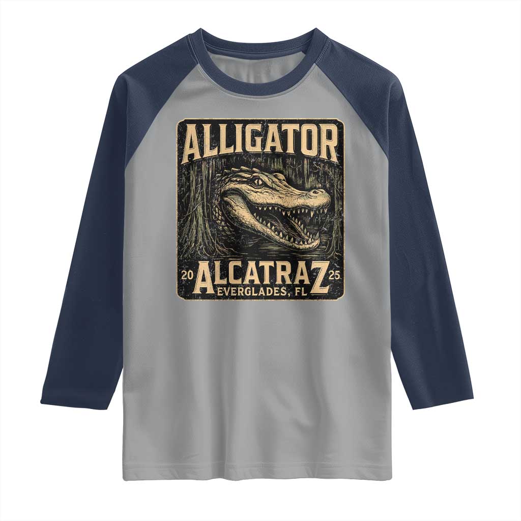 Funny Alligator Alcatraz Raglan Shirt Florida Everglades Alligatraz Meme 2025 TS11 Sport Gray Navy Print Your Wear