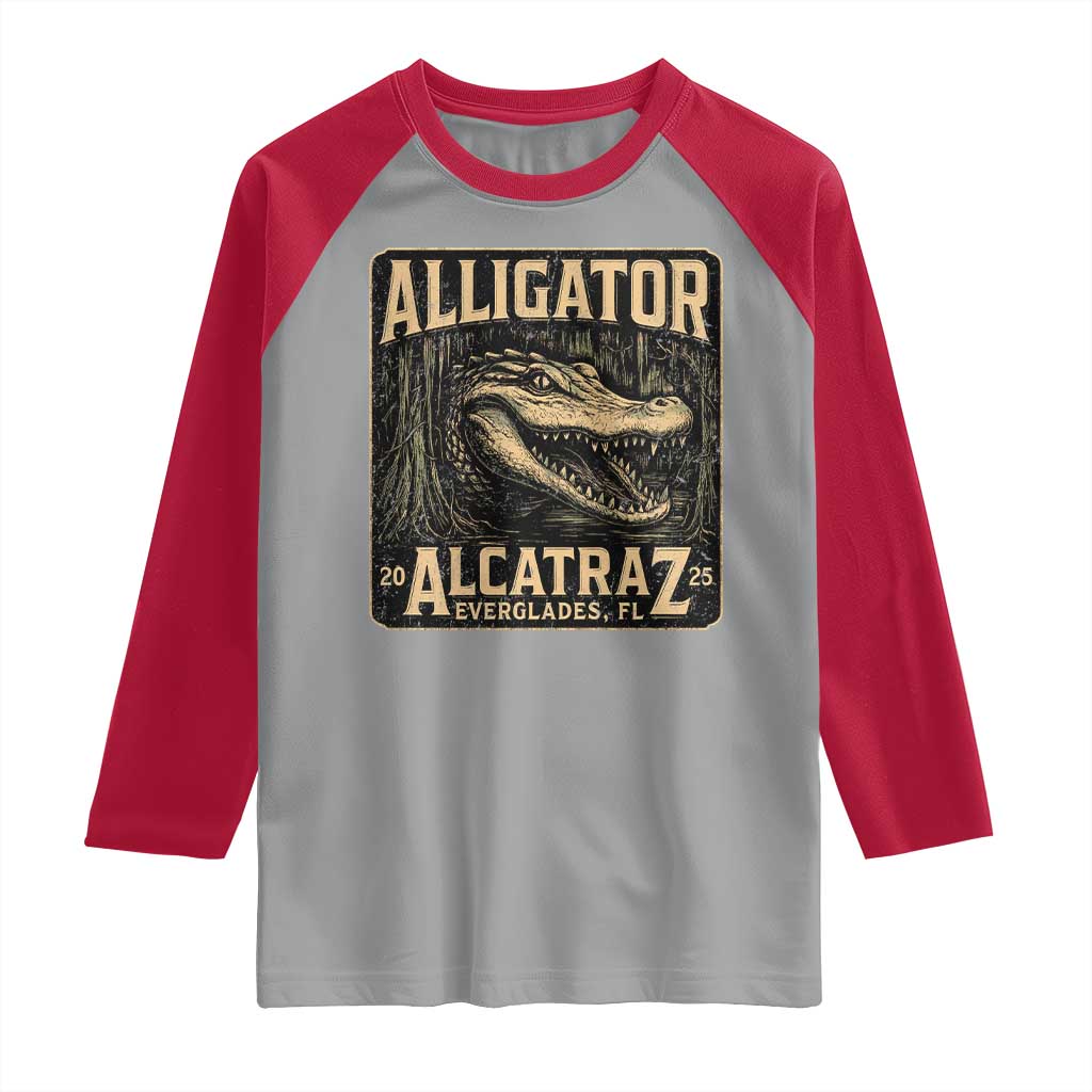 Funny Alligator Alcatraz Raglan Shirt Florida Everglades Alligatraz Meme 2025 TS11 Sport Gray Red Print Your Wear