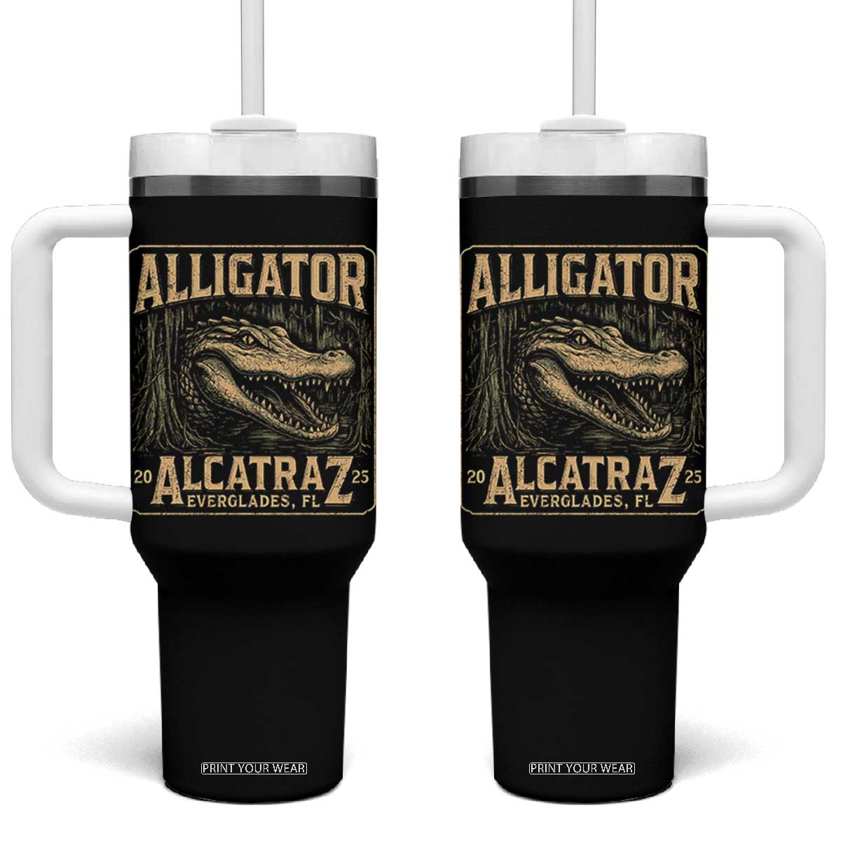 Funny Alligator Alcatraz Tumbler With Handle Florida Everglades Alligatraz Meme 2025 TS11 One Size: 40 oz Black Print Your Wear
