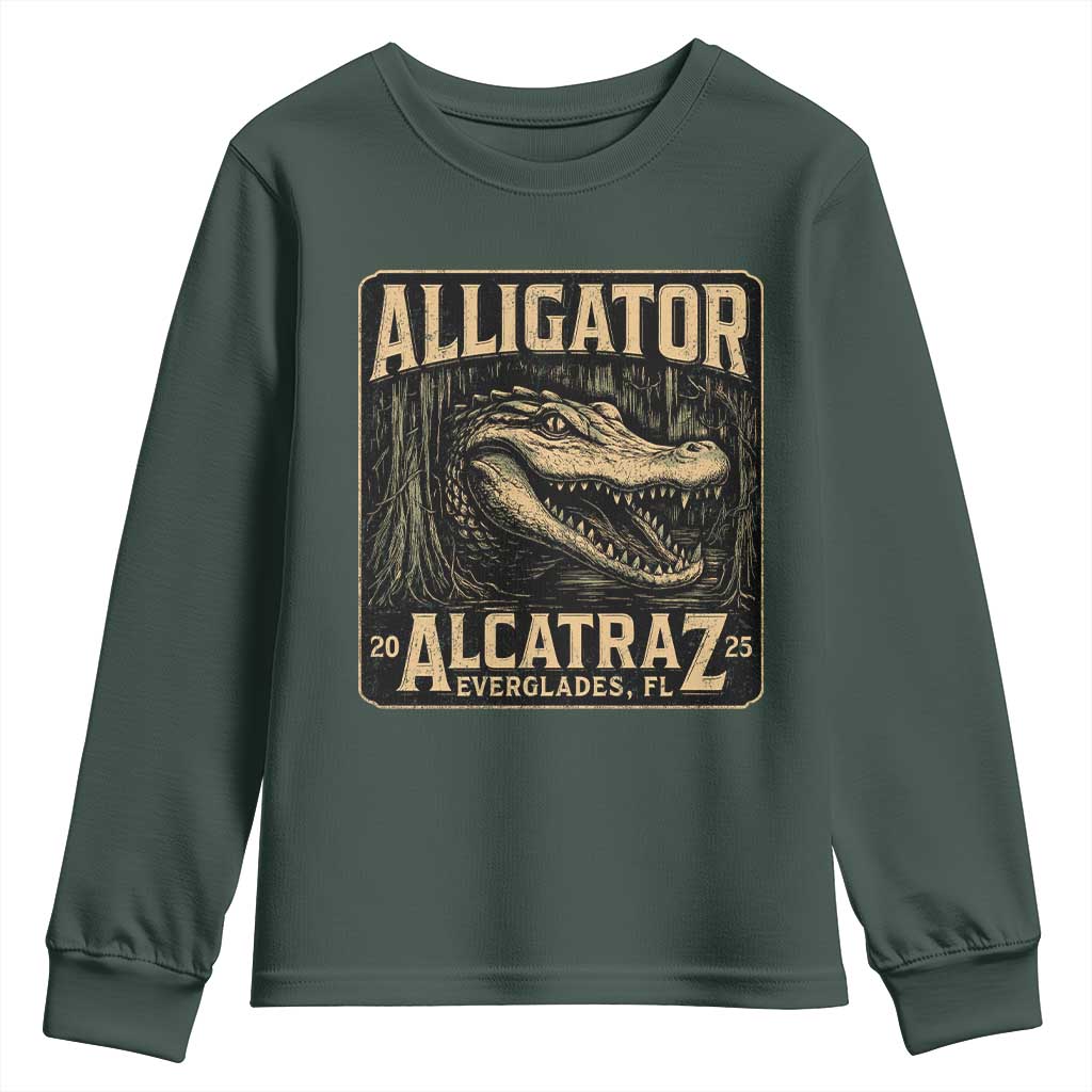 Funny Alligator Alcatraz Youth Sweatshirt Florida Everglades Alligatraz Meme 2025 TS11 Dark Forest Green Print Your Wear