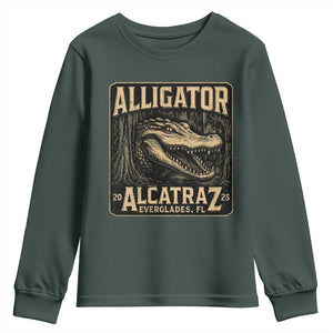 Funny Alligator Alcatraz Youth Sweatshirt Florida Everglades Alligatraz Meme 2025 TS11 Dark Forest Green Print Your Wear