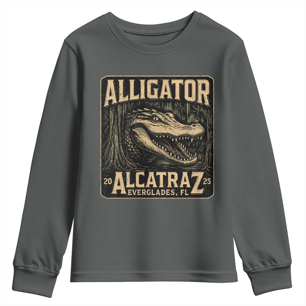 Funny Alligator Alcatraz Youth Sweatshirt Florida Everglades Alligatraz Meme 2025 TS11 Dark Heather Print Your Wear