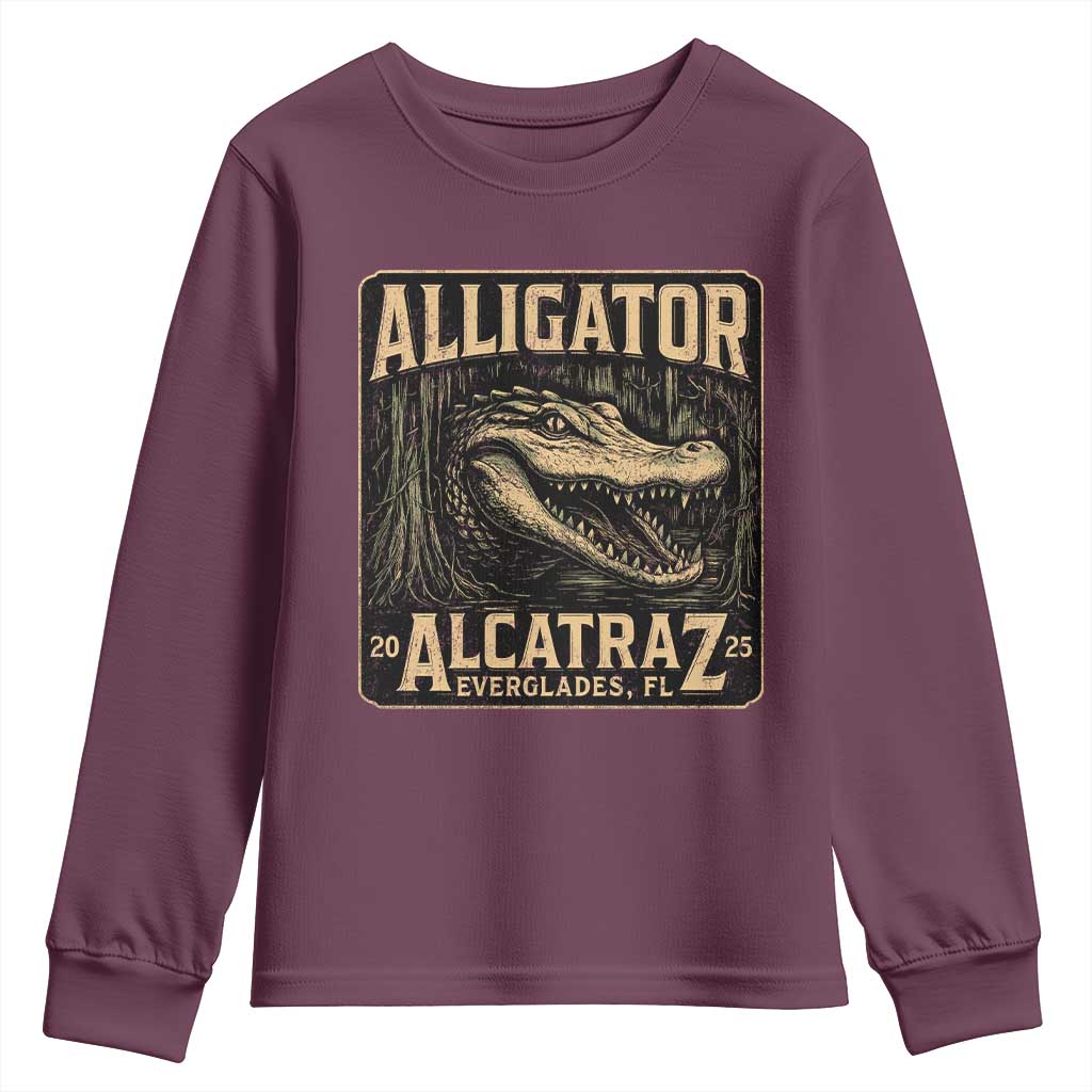 Funny Alligator Alcatraz Youth Sweatshirt Florida Everglades Alligatraz Meme 2025 TS11 Maroon Print Your Wear
