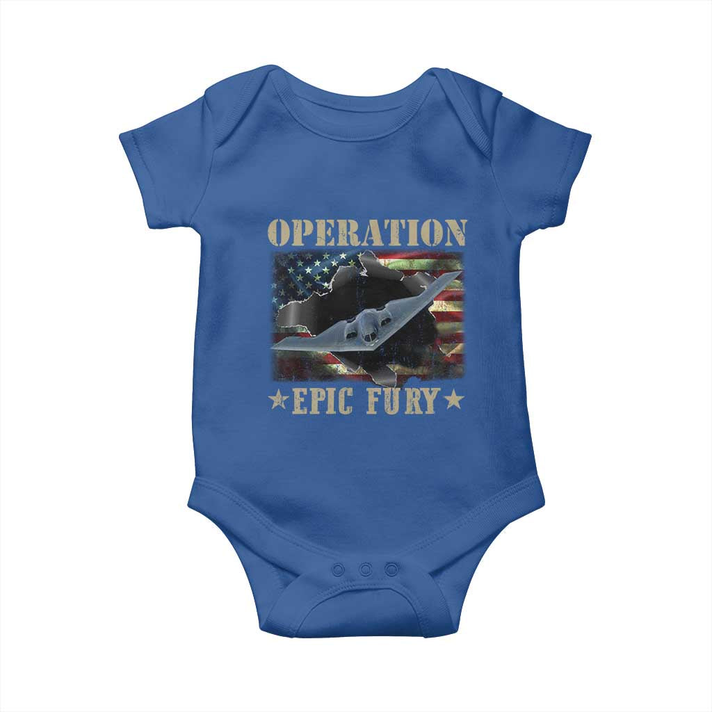 Operation Epic Fury Baby Onesie Military Bomber Jet American Flag TS11 Royal Blue Print Your Wear