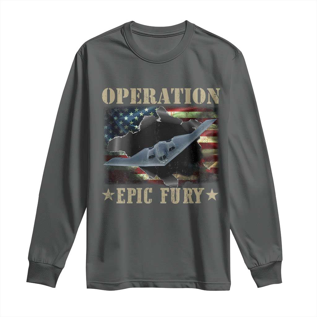 Operation Epic Fury Long Sleeve Shirt Military Bomber Jet American Flag TS11 Dark Heather Print Your Wear