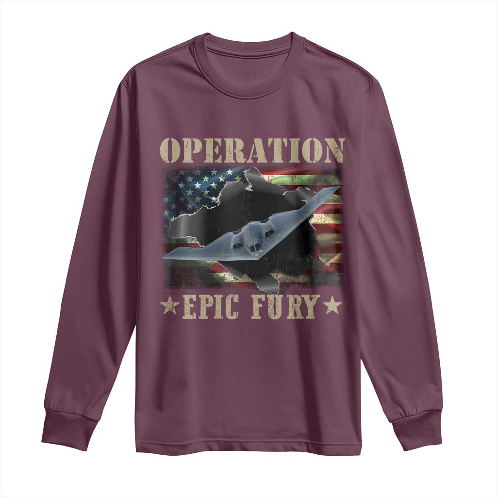 Operation Epic Fury Long Sleeve Shirt Military Bomber Jet American Flag TS11 Maroon Print Your Wear