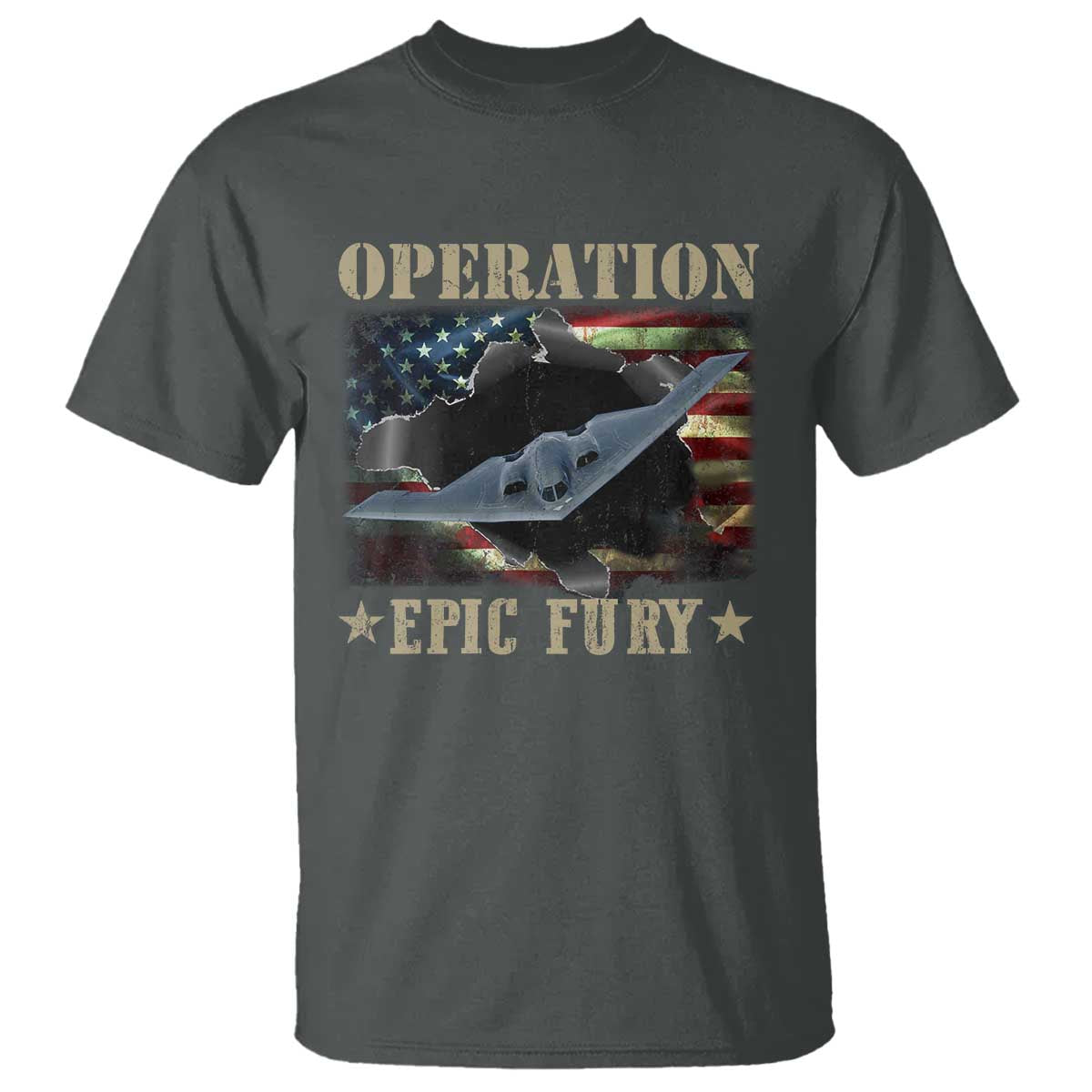 Operation Epic Fury T Shirt Military Bomber Jet American Flag TS11 Dark Heather Print Your Wear