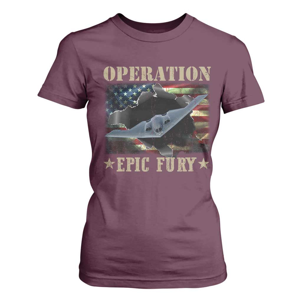 Operation Epic Fury T Shirt For Women Military Bomber Jet American Flag TS11 Maroon Print Your Wear