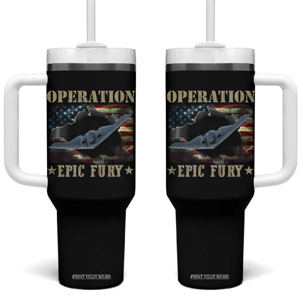 Operation Epic Fury Tumbler With Handle Military Bomber Jet American Flag TS11 One Size: 40 oz Black Print Your Wear