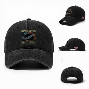 Operation Epic Fury Washed Cotton Baseball Cap Military Bomber Jet American Flag TS11 Washed Cap Universal Fit Black Print Your Wear