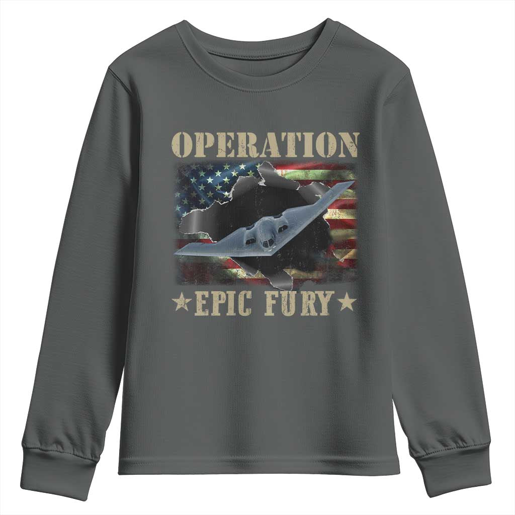 Operation Epic Fury Youth Sweatshirt Military Bomber Jet American Flag TS11 Dark Heather Print Your Wear