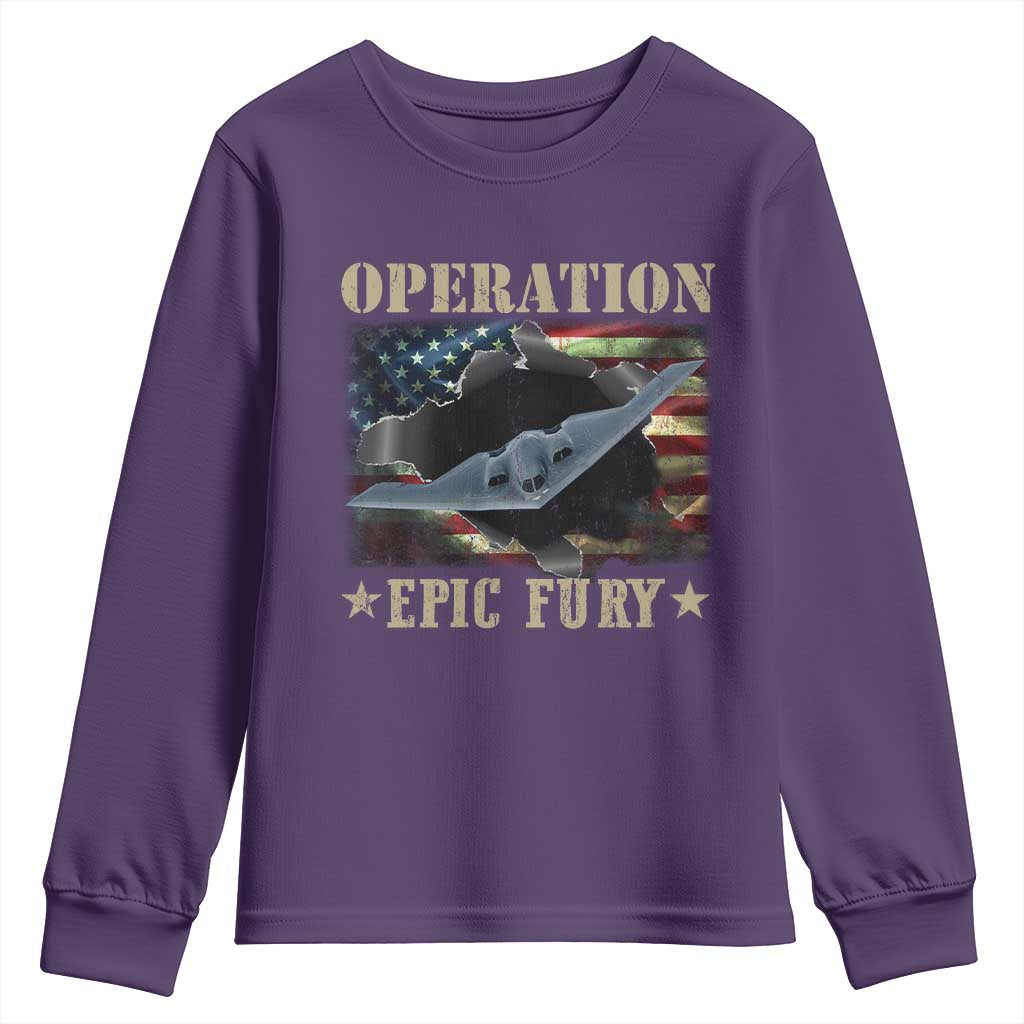 Operation Epic Fury Youth Sweatshirt Military Bomber Jet American Flag TS11 Purple Print Your Wear