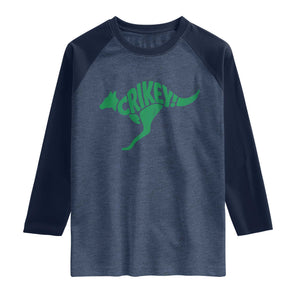 Crikey Australian Kangaroo Oz Slang Australia Raglan Shirt TS11 Heather Denim Navy Print Your Wear