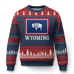 Vintage State of Wyoming Flag Bison Cheyenne Jackson Hole Ugly Christmas Sweater TS11 Navy Red Print Your Wear