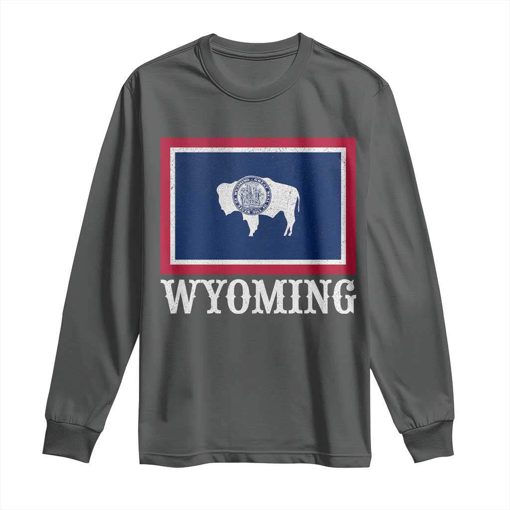 Vintage State of Wyoming Flag Bison Cheyenne Jackson Hole Long Sleeve Shirt TS11 Dark Heather Print Your Wear