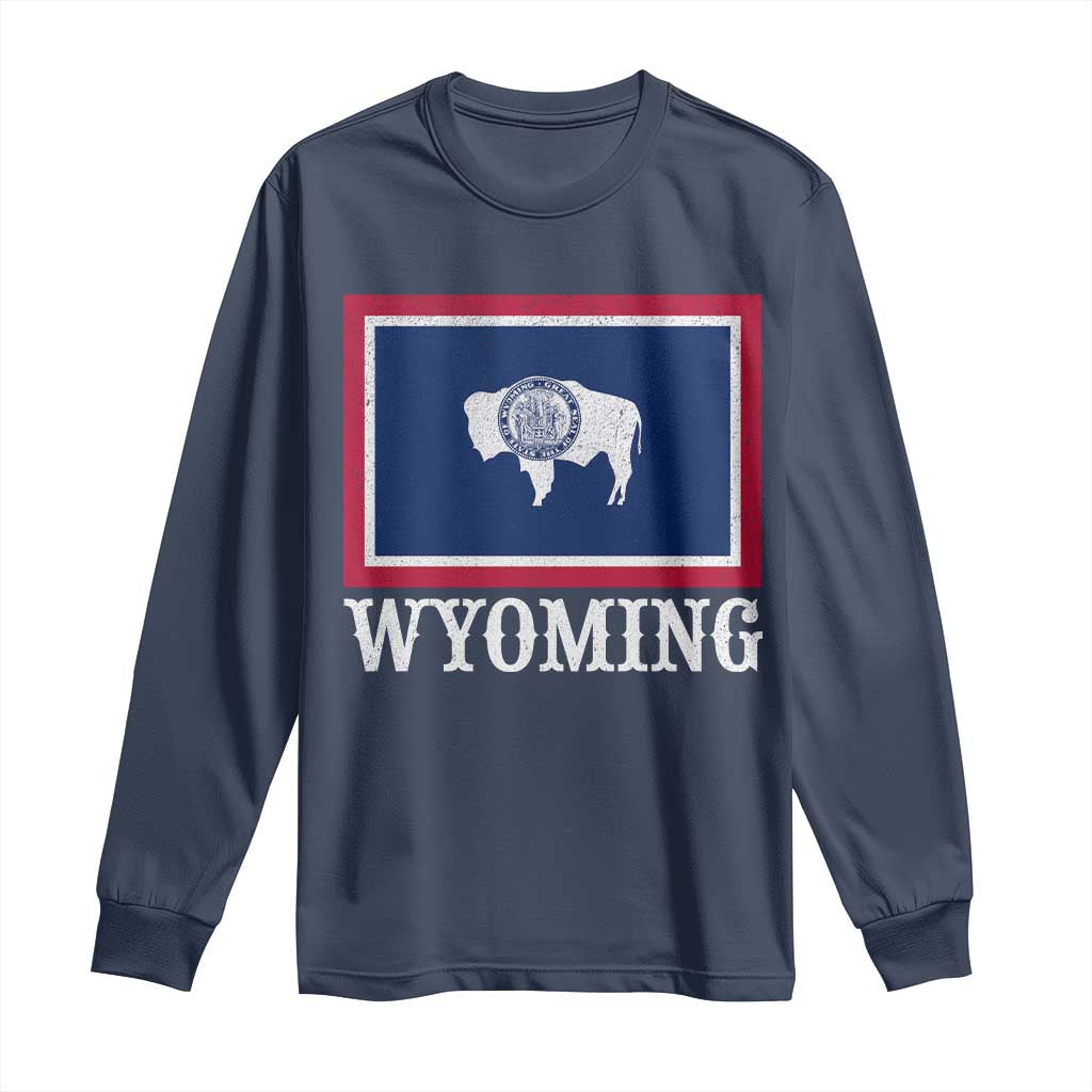 Vintage State of Wyoming Flag Bison Cheyenne Jackson Hole Long Sleeve Shirt TS11 Navy Print Your Wear