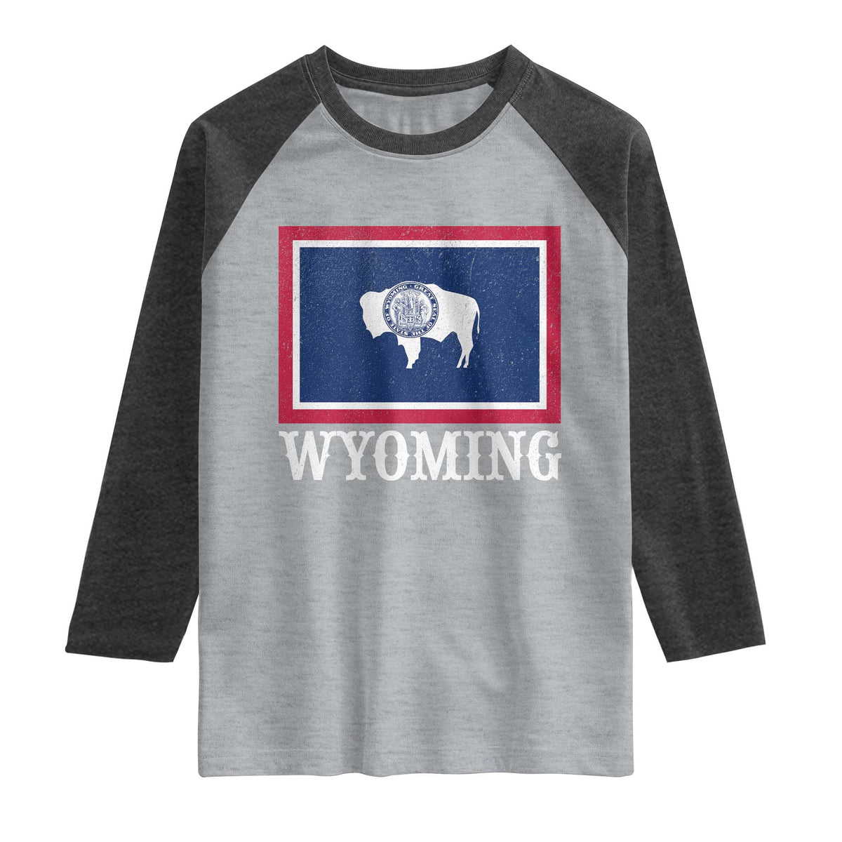 Vintage State of Wyoming Flag Bison Cheyenne Jackson Hole Raglan Shirt TS11 Heather Gray Heather Charcoal Print Your Wear