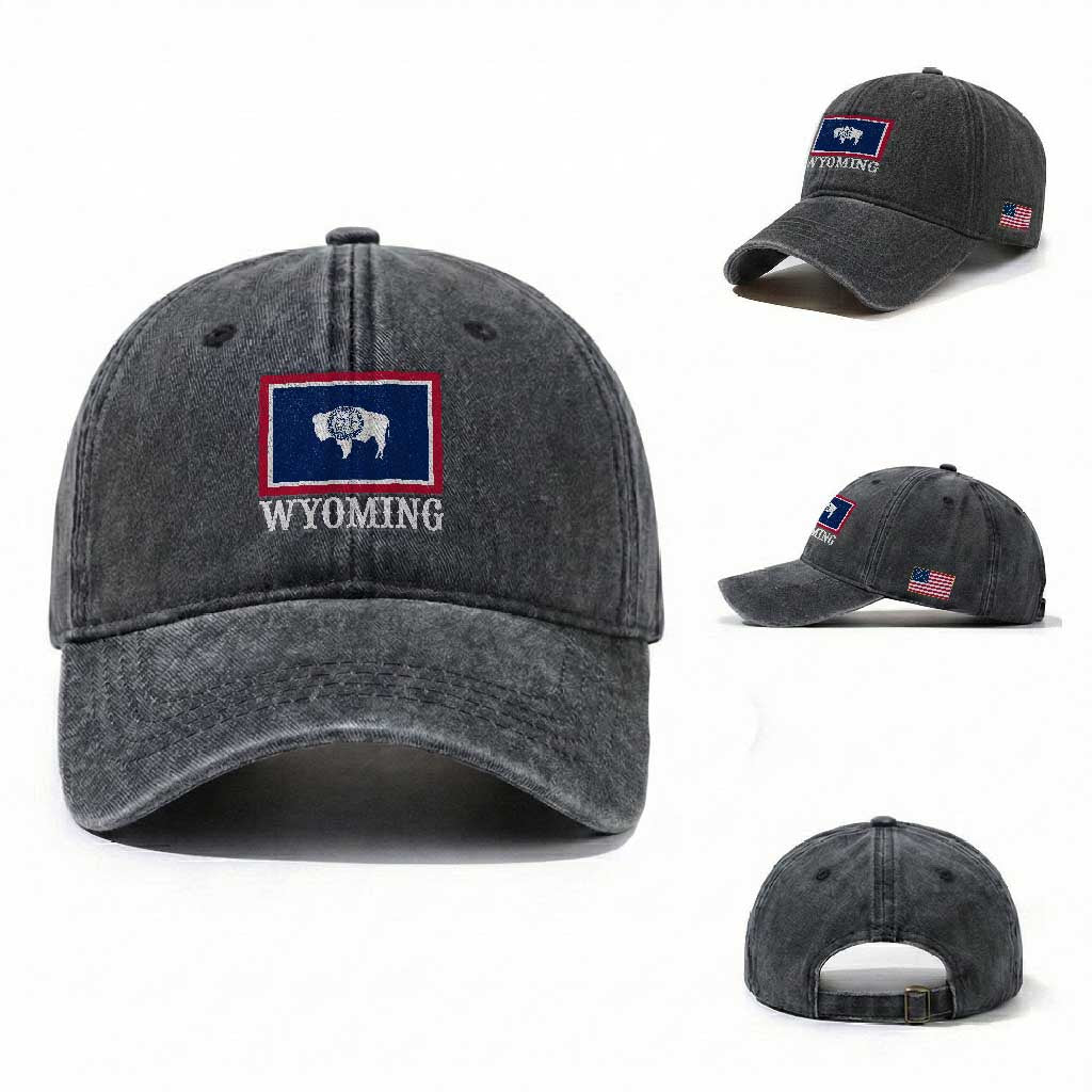 Vintage State of Wyoming Flag Bison Cheyenne Jackson Hole Washed Cotton Baseball Cap TS11 Washed Cap Universal Fit Dark Gray Print Your Wear