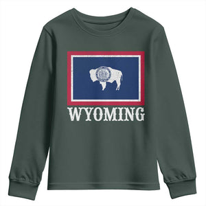 Vintage State of Wyoming Flag Bison Cheyenne Jackson Hole Youth Sweatshirt TS11 Dark Forest Green Print Your Wear