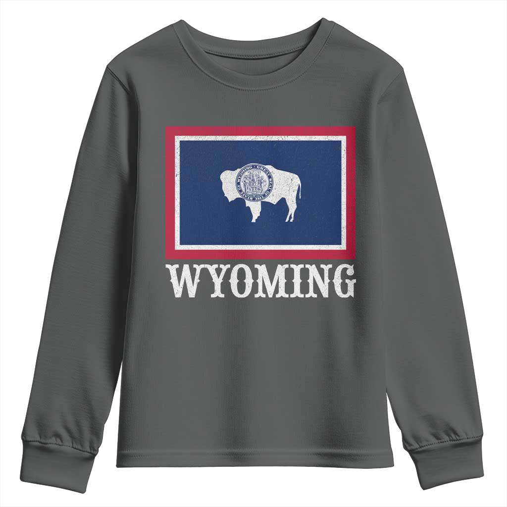 Vintage State of Wyoming Flag Bison Cheyenne Jackson Hole Youth Sweatshirt TS11 Dark Heather Print Your Wear