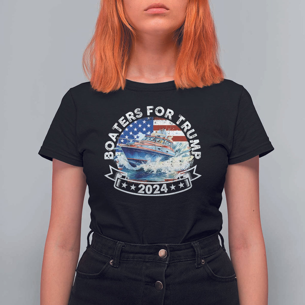 Boaters for Trump 2024 T Shirt For Women Boat American Flag Ocean Wave TS11 Black Print Your Wear