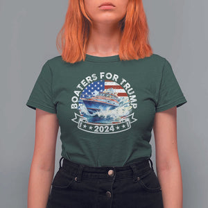 Boaters for Trump 2024 T Shirt For Women Boat American Flag Ocean Wave TS11 Dark Forest Green Print Your Wear