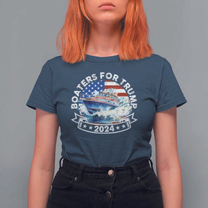 Boaters for Trump 2024 T Shirt For Women Boat American Flag Ocean Wave TS11 Navy Print Your Wear