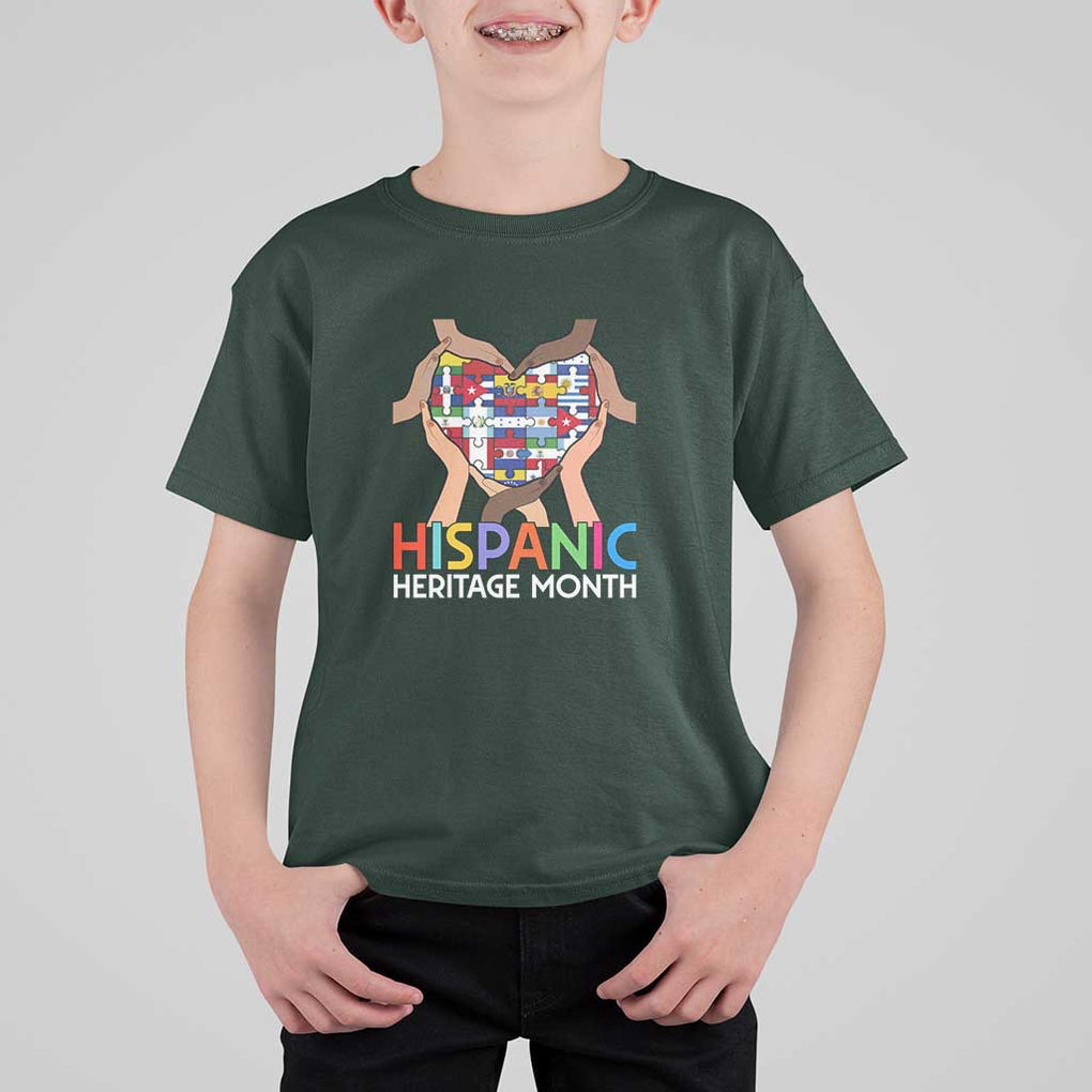 Hispanic Heritage Month T Shirt For Kid Latino Countries Flag Heart Puzzle TS11 Dark Forest Green Print Your Wear