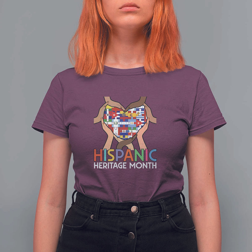 Hispanic Heritage Month T Shirt For Women Latino Countries Flag Heart Puzzle TS11 Maroon Print Your Wear