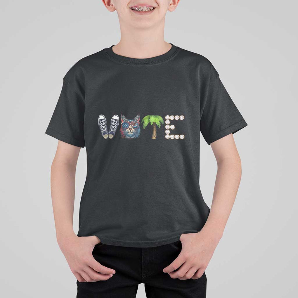 Funny Vote For Kamala T Shirt For Kid Voter Rights Shoes Cat Coconut Tree Pearls TS11 Black Print Your Wear