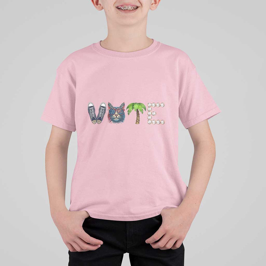 Funny Vote For Kamala T Shirt For Kid Voter Rights Shoes Cat Coconut Tree Pearls TS11 Light Pink Print Your Wear