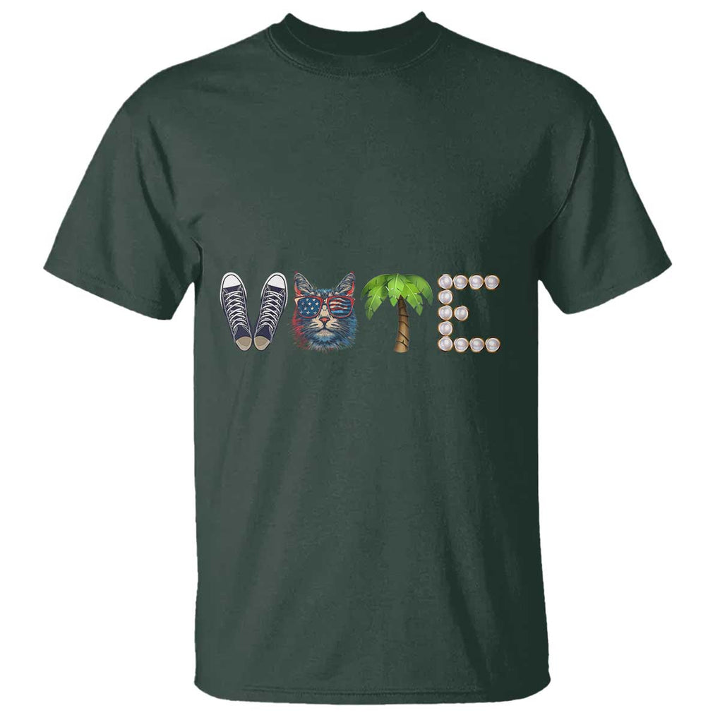 Funny Vote For Kamala T Shirt Voter Rights Shoes Cat Coconut Tree Pearls TS11 Dark Forest Green Print Your Wear