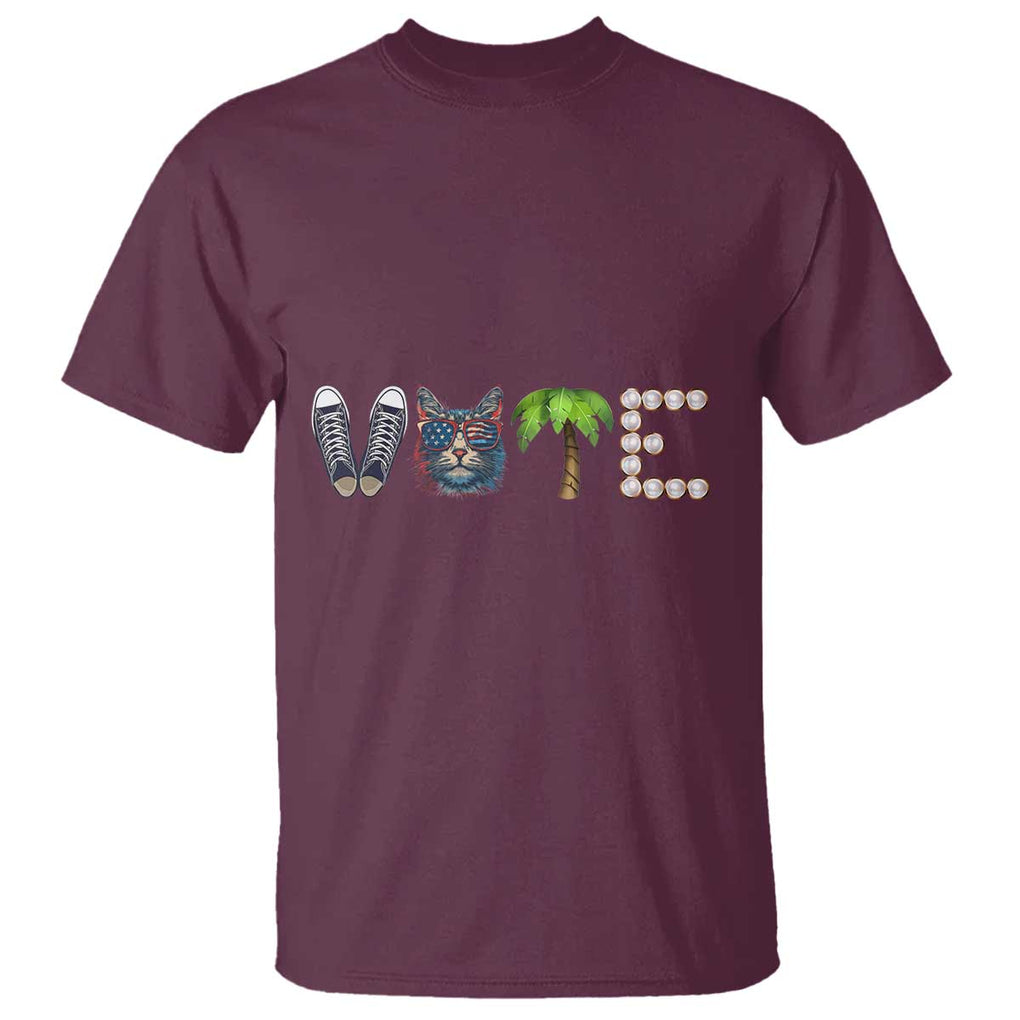 Funny Vote For Kamala T Shirt Voter Rights Shoes Cat Coconut Tree Pearls TS11 Maroon Print Your Wear