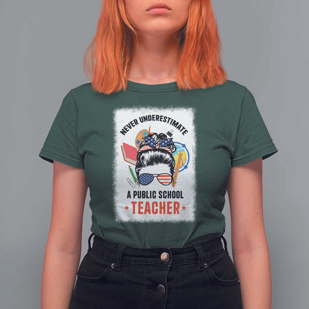 Tim Walz T Shirt For Women Never Underestimate A Public School Teacher Messy Bun TS11 Dark Forest Green Print Your Wear