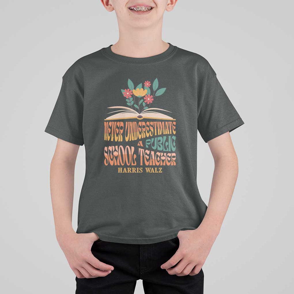 Harris Walz T Shirt For Kid Never Underestimate A Public School Teacher Floral Book TS11 Dark Heather Print Your Wear