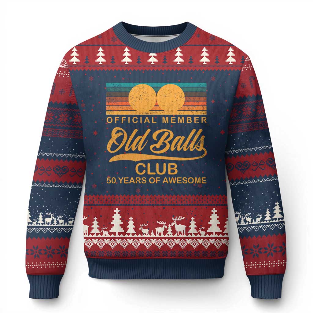 Funny 50th Birthday Ugly Christmas Sweater Official Member Of The Old Ball Clubs Retro Sunset TS11 Navy Red Print Your Wear