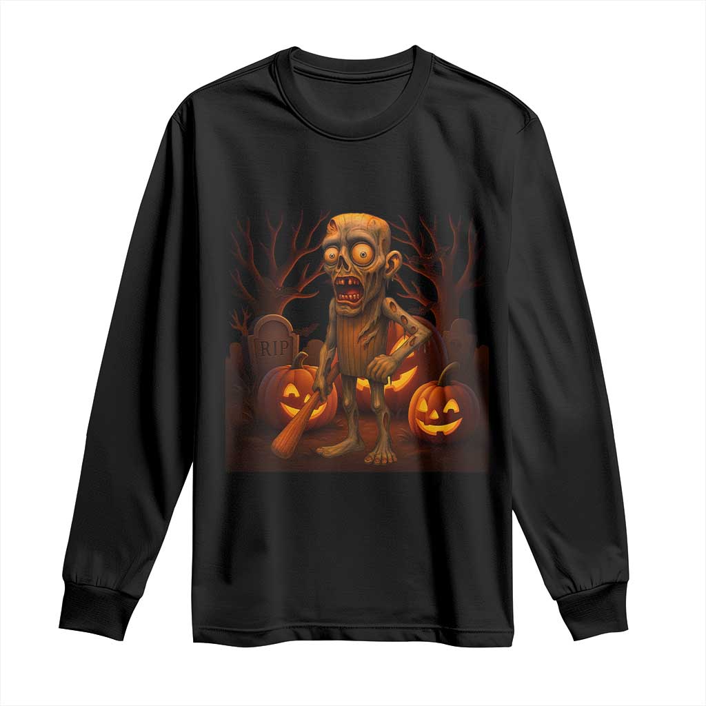 Funny Halloween Zombie Tung Tung Sahur Long Sleeve Shirt Italian Brainrot Meme TS11 Black Print Your Wear