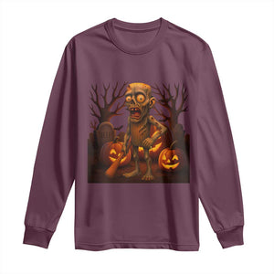 Funny Halloween Zombie Tung Tung Sahur Long Sleeve Shirt Italian Brainrot Meme TS11 Maroon Print Your Wear