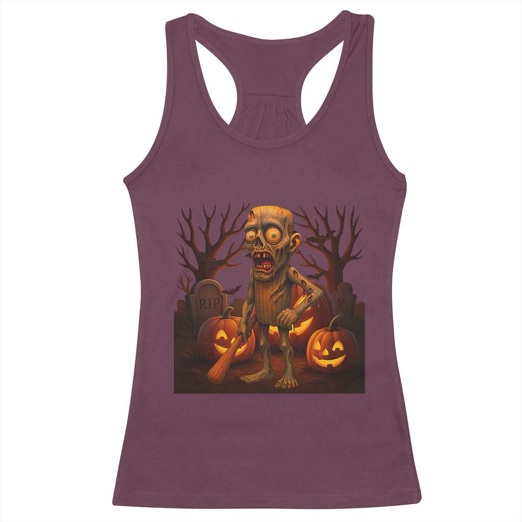 Funny Halloween Zombie Tung Tung Sahur Racerback Tank Top Italian Brainrot Meme TS11 Maroon Print Your Wear