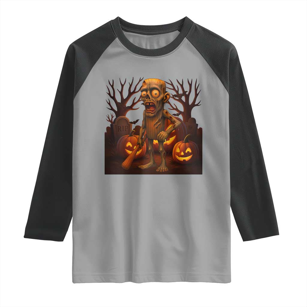 Funny Halloween Zombie Tung Tung Sahur Raglan Shirt Italian Brainrot Meme TS11 Sport Gray Black Print Your Wear