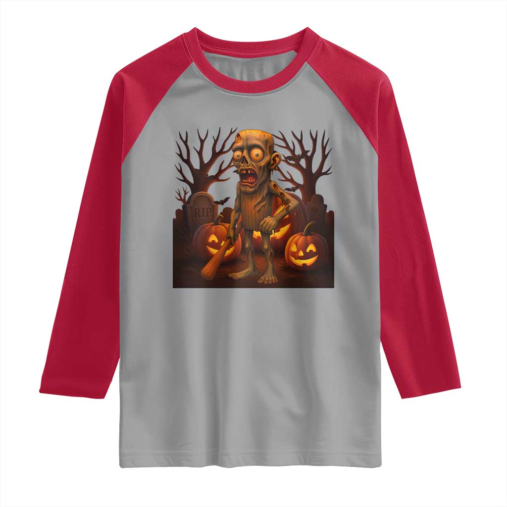 Funny Halloween Zombie Tung Tung Sahur Raglan Shirt Italian Brainrot Meme TS11 Sport Gray Red Print Your Wear
